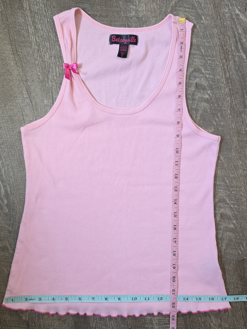 Betsey Johnson Betseyville Ribbed Tank w/ Lettuce Hem Womens M Pink Bow Deatil - Picture 9 of 11